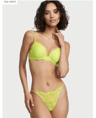 Комплект Бюстгалтер Камінцями Лимонно-жовтий Victoria's Secret Shine Strap Lace Push-Up+Трусики стрінги